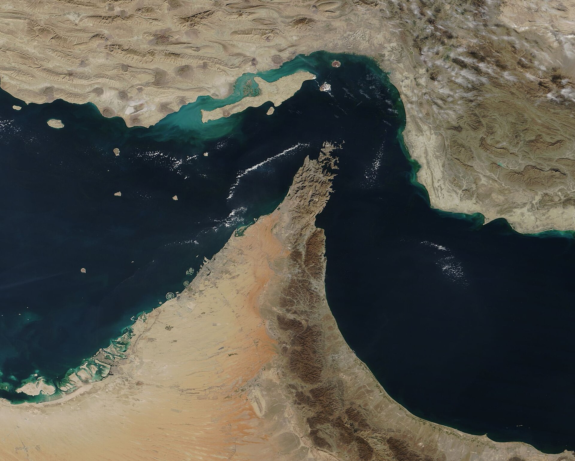 NASA satellite view of the Strait of Hormuz and Musandam Peninsula